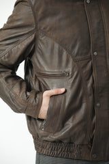 Herren Lederblouson in Braun antik geschliffenes Lammleder Frontverschluss hochschließbar