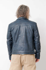 Kurze Herren Lederjacke aus Lammnappa in Dark Blue washed wattiert