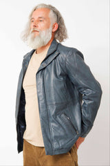 Halblange Herren Lederjacke aus Lammnappa Blue Vintage Look leicht wattiert