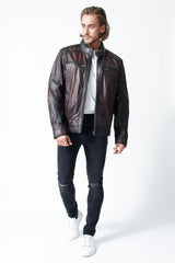 Herren Biker Lederjacke aus Lammnappa in Bordo-Schwarz mit Stehkragen