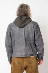 Herren Lammnappa Lederjacke Bikerstyle Blau Grau Vintage Look mit Kapuzenhoodie