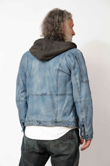 Herren Lammnappa Lederjacke Bikerstyle Ocean Blue uesd Washed mit Kapuze