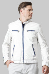 Herren Leder Jacke Lammnappa in Offwhite Blau mit Stehkragen hochschließbar