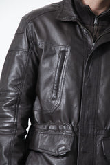 längerer Herren Lederparka aus weichem Lammnappa Braun wattiert mit doppelkragen