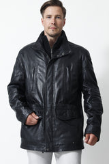 Herren Leder Parka mit doppelkragen in Lammnappa schwarz wattiert