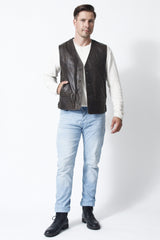 Herren Weste in Lammnappa dunkelbraun mit Knöpfe und viele Taschen