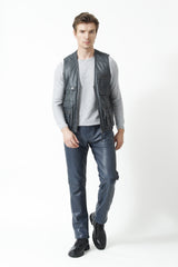 Leder Freizeit Weste aus Lammnappa in anthrazit mit viele Taschen