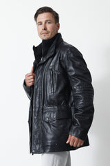 Herren Leder Parka mit doppelkragen in Lammnappa schwarz wattiert