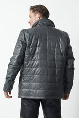 Lange Herren Stepplederjacke aus Lammnappa wattiert in anthrazit vintage Look