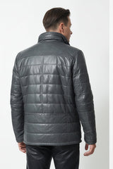 Lange Herren Stepplederjacke aus Lammnappa wattiert in anthrazit vintage Look