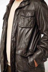 Langer Herren Lederparka aus Lammnappa in Braun und vielen Taschen