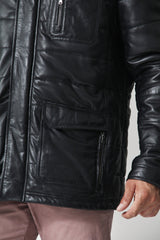 Schwarze gesteppte Herren Lederjacke in Lammnappa wattiert mit viele Taschen