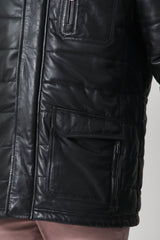 Schwarze gesteppte Herren Lederjacke in Lammnappa wattiert mit viele Taschen