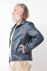 Kurze Herren Lederjacke aus Lammnappa in Dark Blue washed wattiert