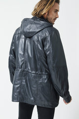 Herren Lederparka in Navy Blue aus Lammnappa mit Kapuze