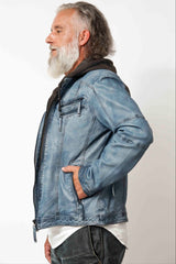 Herren Lammnappa Lederjacke Bikerstyle Ocean Blue Antik mit Kapuzen Hoodie