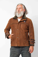 Herren Lammfell Jacke Entrefinolamm in Braun mit Strukturmuster und Stehkragen