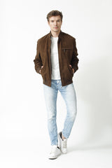 Herren Lederblouson aus Ziegenverlour in Braun mit Strickbündchen und Brusttasche