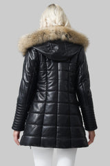 Exklusive längere Damenlederjacke schwarz feinste Qualität Echtpelzbesatz aus Finnraccoon
