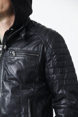 Coole Herren Biker Lederjacke schwarz Lammnappa mit Kapuze und Steppnähte