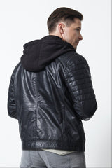 Coole Herren Biker Lederjacke schwarz Lammnappa mit Kapuze und Steppnähte