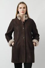 Klassische Damen Lederjacke lang in Braun mit helles Lammfell innen