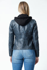 Damen Bikerstyle Lederjacke, Lammnappa Jeansblau washed Look tailliert mit Stoffkapuze