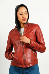 Kurze Bikerstyle Damenlederjacke in Rot vintage Lammnappa mit abnehmbare Kapuze