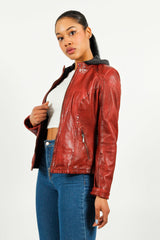 Kurze Bikerstyle Damenlederjacke in Rot vintage Lammnappa mit abnehmbare Kapuze