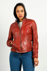 Kurze Bikerstyle Damenlederjacke in Rot vintage Lammnappa mit abnehmbare Kapuze