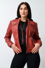 Damen Bikerstyle Lederjacke, Lammnappa red tailliert vintage Look mit Stoffkapuze