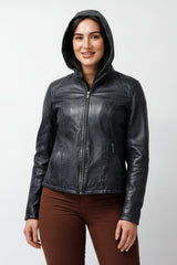Kurze echte Bikerstyle Damenlederjacke in Navy vintage Lammnappa mit abnehmbare Kapuze