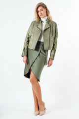 Coole Damen Biker Lederjacke aus Lammnappa in Grün mit Stehkragen