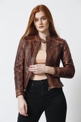 Braune Damen Jacke kurz im Vintage Washed Lammnappa und Stehkragen