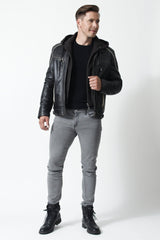 Leichte kurze Herren Lederjacke Lammnappa schwarz mit abnehmbarer Kapuze und vielen Taschen