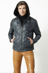 Herren Biker Lederjacke Lammnappa Vintage Look Jeans Blau mit Kapuze