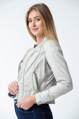 Kurze Bikerstyle Damen Lederjacke aus Lammnappa ivory tailliert mit Stehkragen