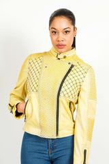 Schicke Damen Biker Lederjacke aus Lammnappa in Gelb mit Steppnähte