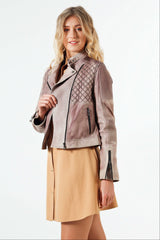 Cool Damen Biker Lederjacke aus Lammnappa in Rose mit Stehkragen