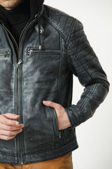 Herren Biker Lederjacke Lammnappa Vintage Look Jeans Blau mit Kapuze