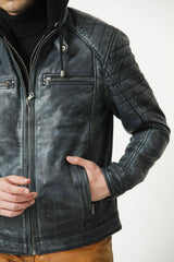 Herren Biker Lederjacke Lammnappa Vintage Look Jeans Blau mit Kapuze