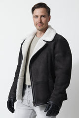 Kurze Herren Lammfelljacke mit Reißverschluss in schwarz