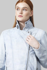 Bikerjacke Damen in Lammnappa sky Blue und asymmetrischer Reißverschluss, Leder Schmidt Online Warnemünde