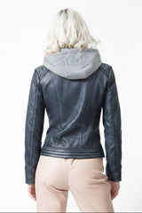 Damen Bikerjacke im Jeans Washedlook Lammnappa Sky Blue mit Kapuze