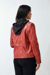 Damen Bikerstyle Lederjacke, Lammnappa red tailliert vintage Look mit Stoffkapuze