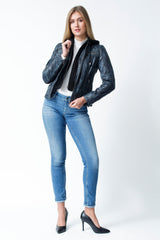 Damen Bikerstyle Lederjacke, Lammnappa Jeansblau washed Look mit Stoffkapuze abtrennbar