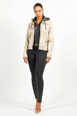 Damen Bikerstyle Lederjacke, Lammnappa Offwithe washed Look mit Stoffkapuze abtrennbar
