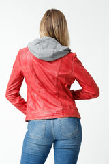 Damen Bikerstyle Lederjacke, Lammnappa rot tailliert washed Look mit Stoffkapuze