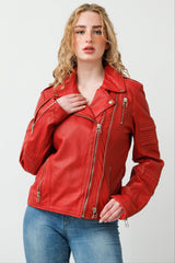 Damen Biker Lederjacke Rot Lammnappa mit Steppnähte und viele Zipper