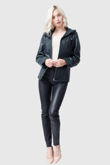 Kurze Damen Lederjacke aus Lammnappa Petrol mit Kapuze abtrennbar